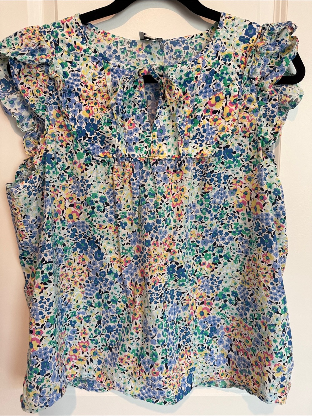 J. Crew Blue and Green Floral Ruffle-Sleeve Blouse